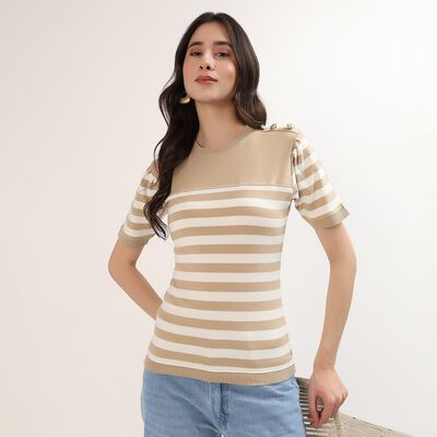 Women's Beige 100% Cotton V-Neck Minimalist Top