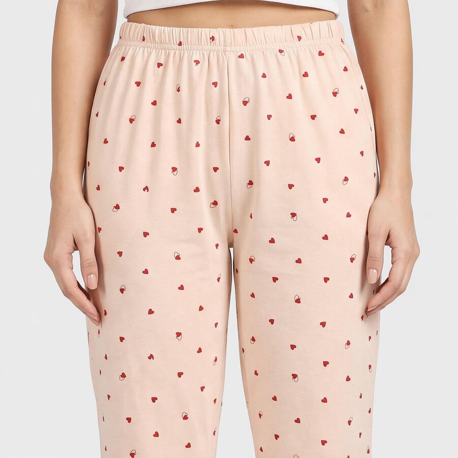 Women's Beige Straight Fit Heart Printed Pyjama, गहरा पीला, large