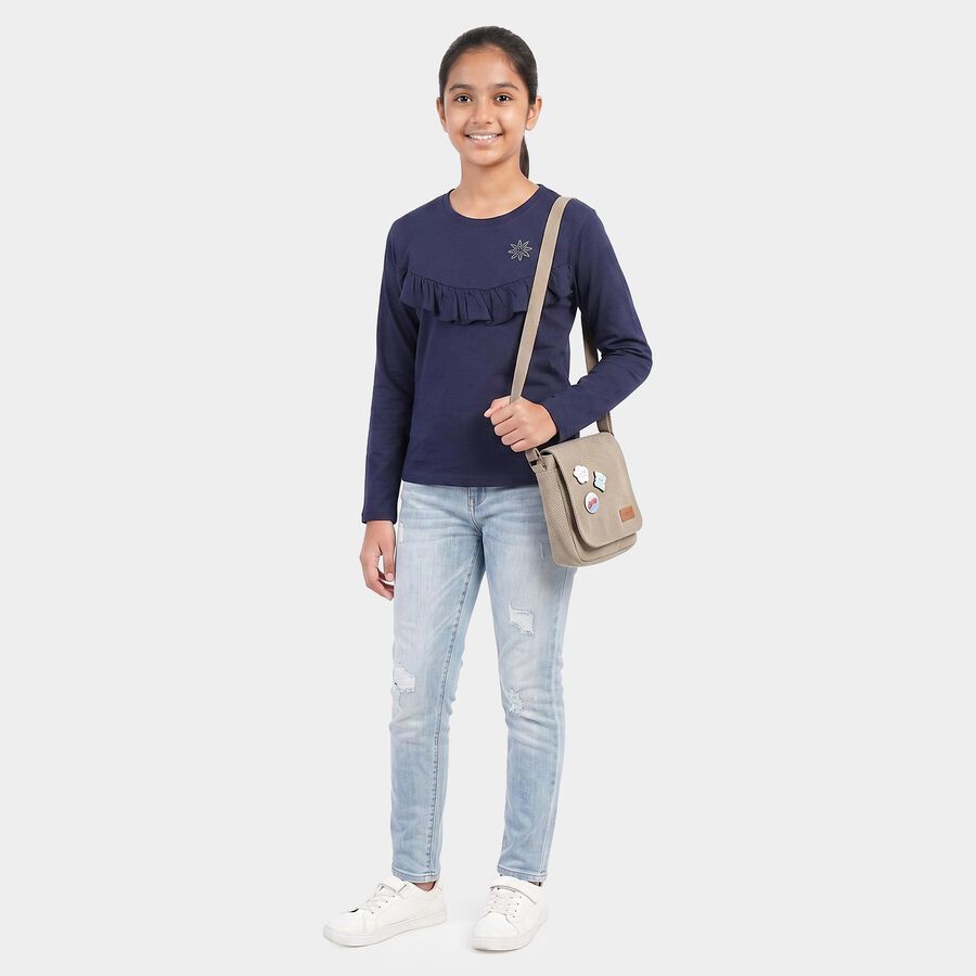 Girls' Navy Blue Round Neck Regular Top, नेवी ब्लू, large