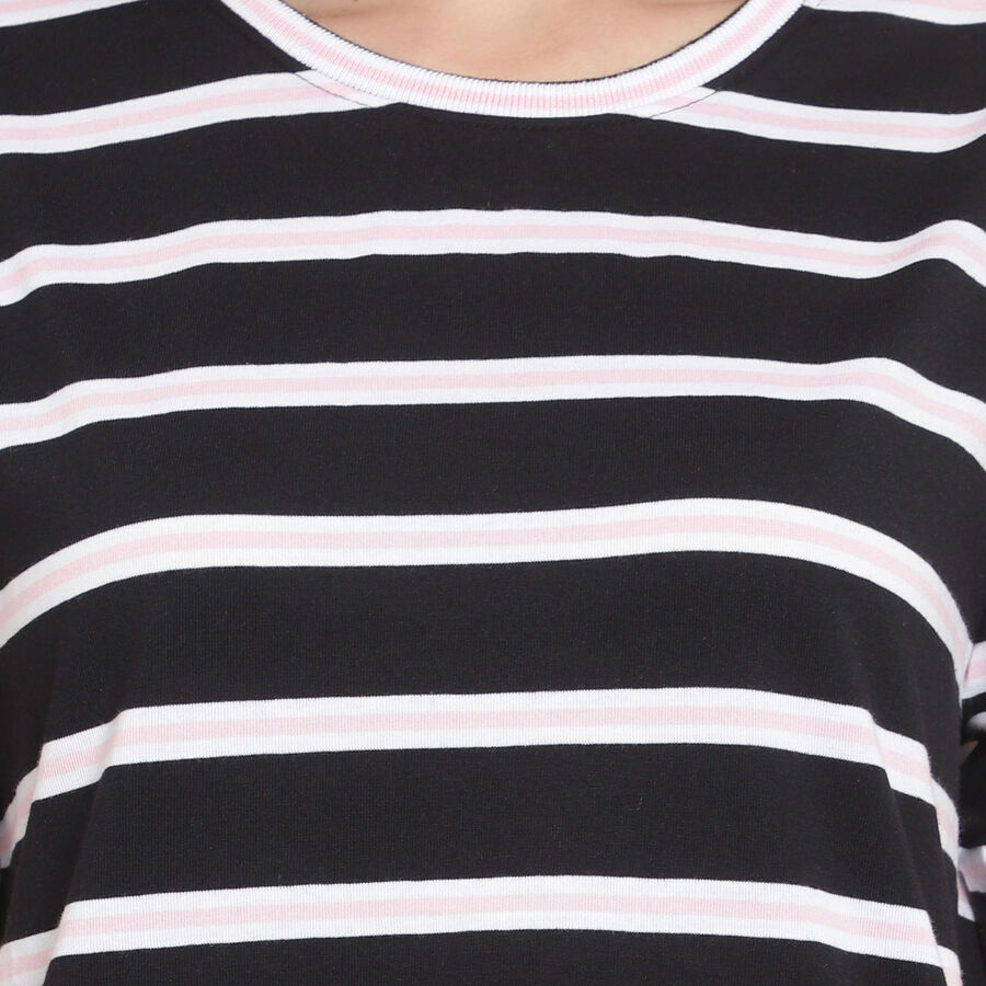 Cotton Stripes Round Neck T-Shirt, Black, large image number null