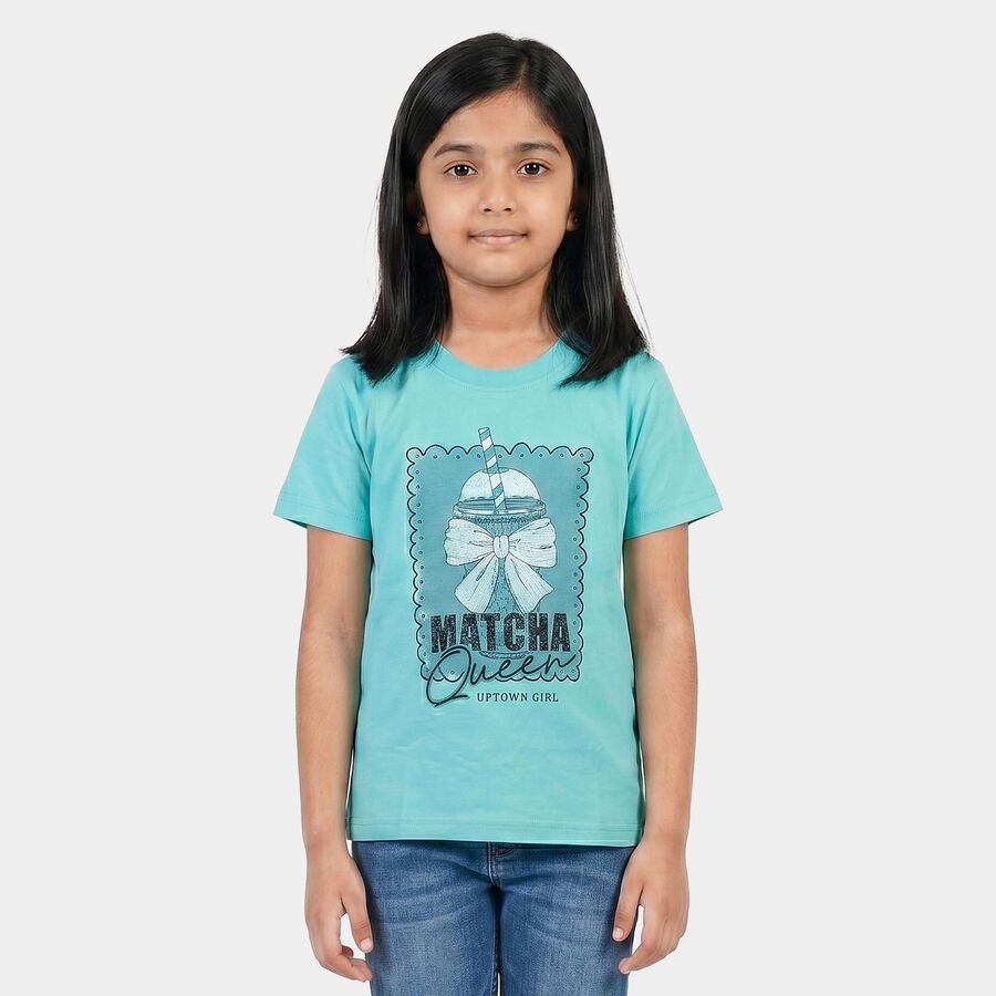 Girls Aqua Round Neck Regular T-Shirt, एक्वा, large