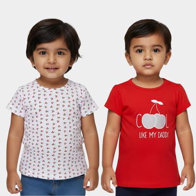 Infants Red Cotton Round Neck Casual T-Shirt