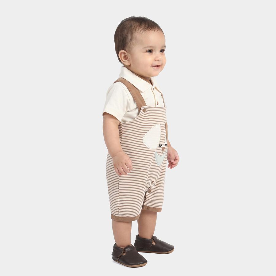 Infants' Beige 100% Cotton Polo Neck Striped Appliqu&eacute; Baba Suit, Beige, large