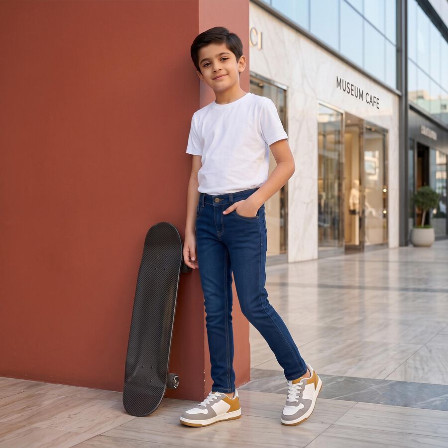 Boys Navy Blue Slim Fit Washed Jeans, गहरा नीला, large