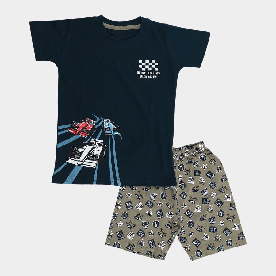 Boys Navy Blue 100% Cotton Mandarin Collar Anchor Printed Baba Suit, Teal Blue, large