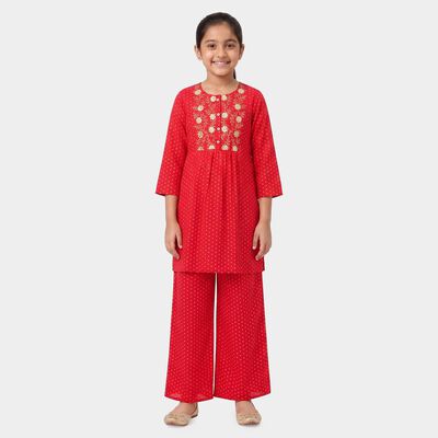 Girls Fuchsia Round Neck Fusion Set Upper and Bottom Set