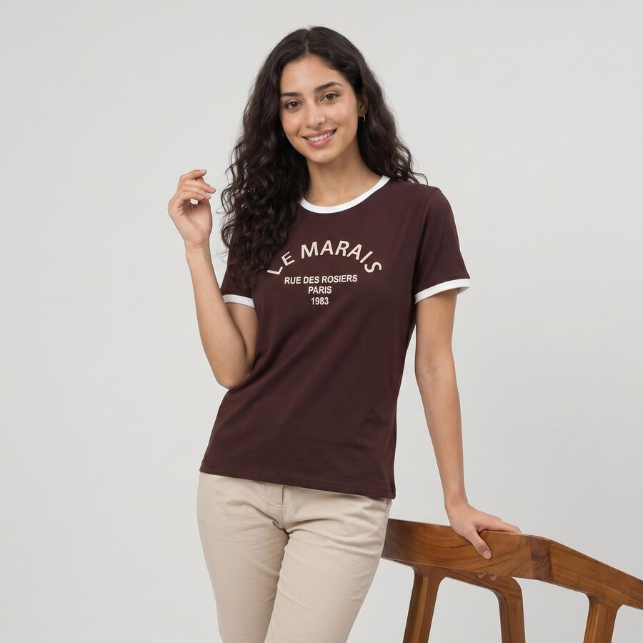 Women Wine Round Neck Regular T-Shirt, Wine, large