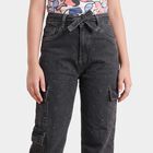 Girls' Black Straight Fit Embellished Cargo Jeans, Black, small