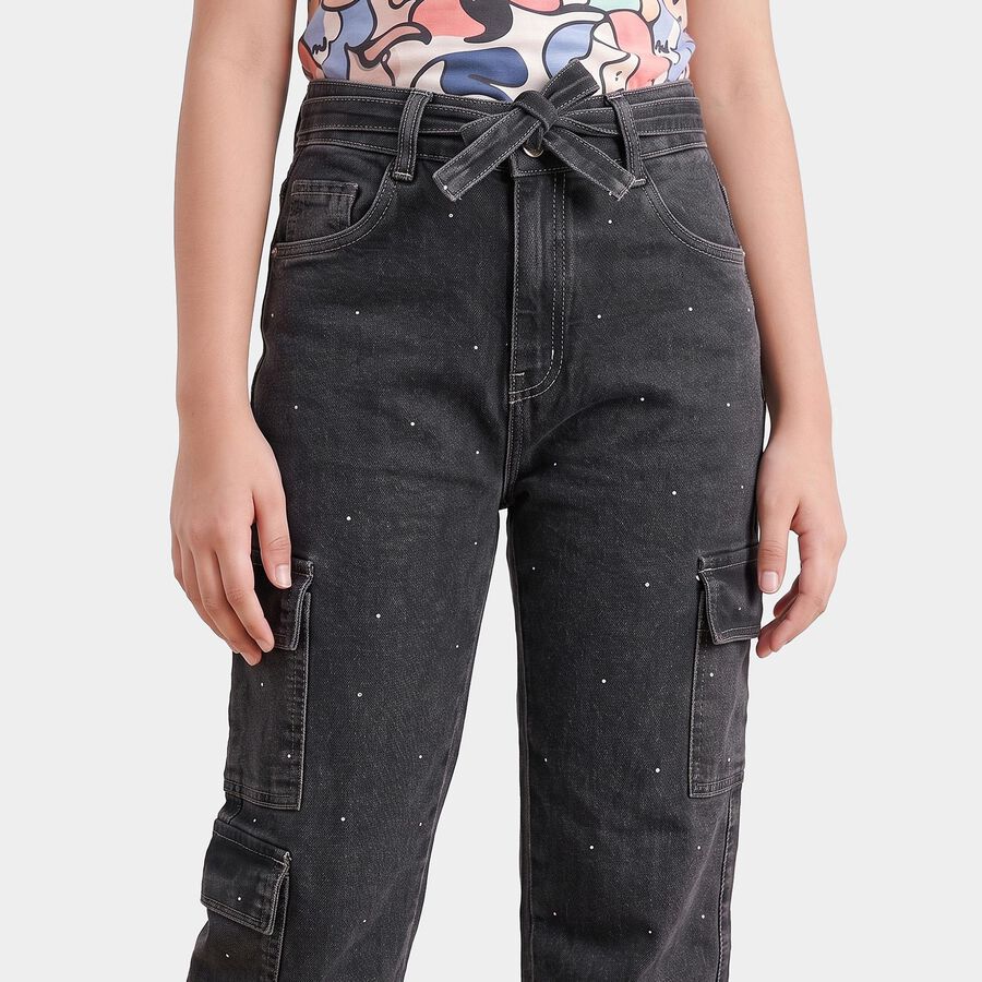 Girls' Black Straight Fit Embellished Cargo Jeans, Black, large
