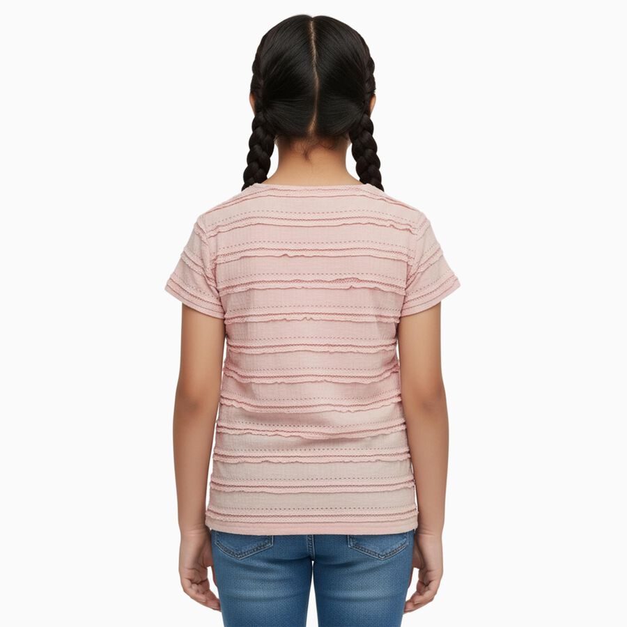 Girls Pale Peach Round Neck Casual T-Shirt, पीच, large