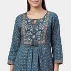 Women's Navy Blue Notch Neck Printed Straight Kurti, गहरा नीला, small