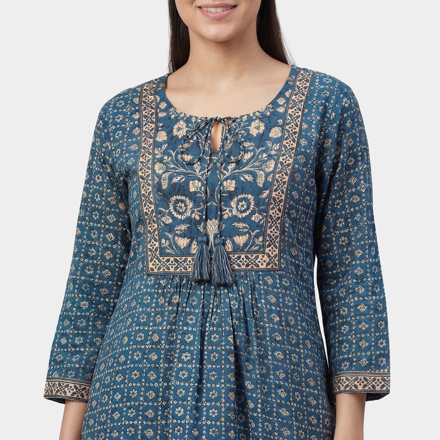 Women's Navy Blue Notch Neck Printed Straight Kurti, गहरा नीला, large