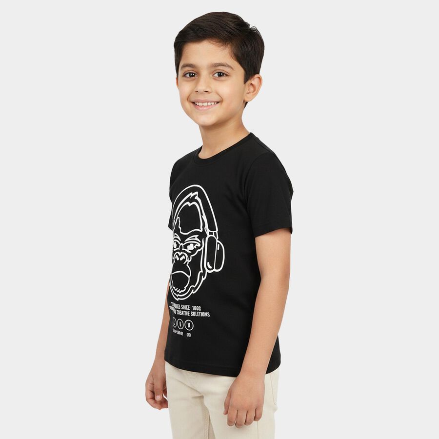 Boys Black Round Neck Casual Boys T-Shirt, काला, large