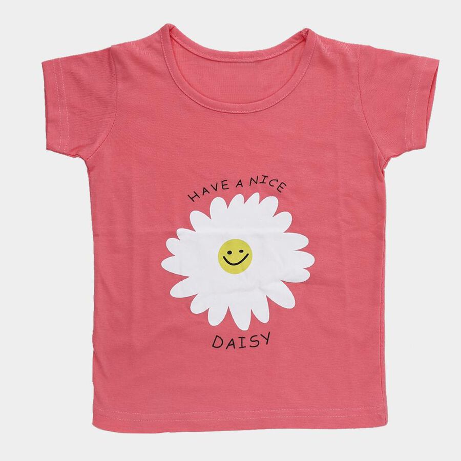 Girls' Bright Coral Pink Cotton Blend Round Neck Casual T-Shirt, मूँगा (कोरल), large