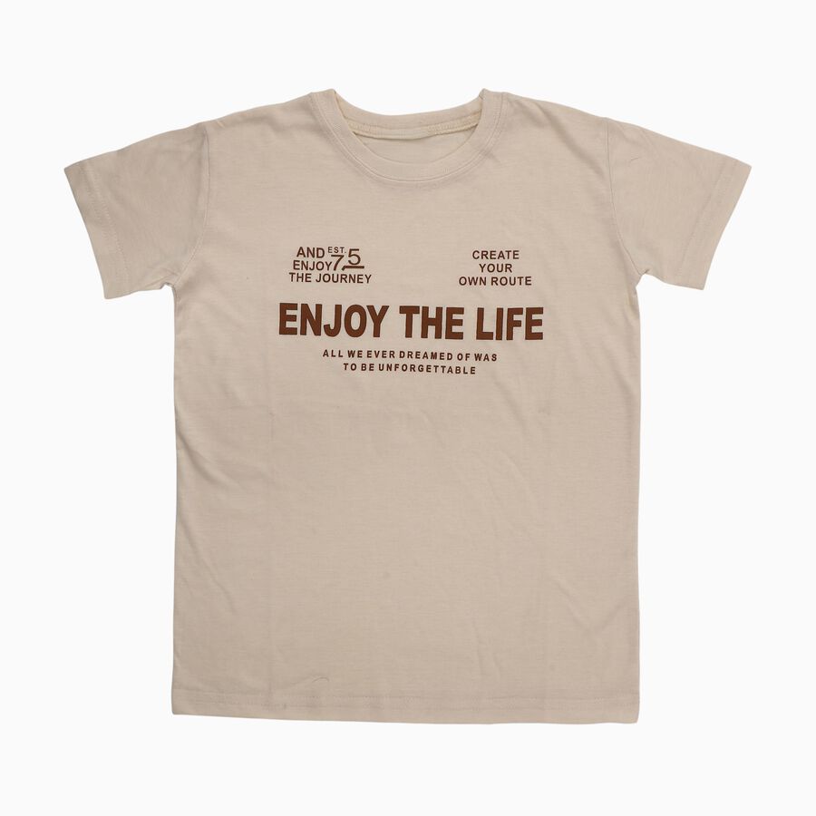 Boys Light Beige Round Neck Casual Half Sleeve T-Shirt, Beige, large