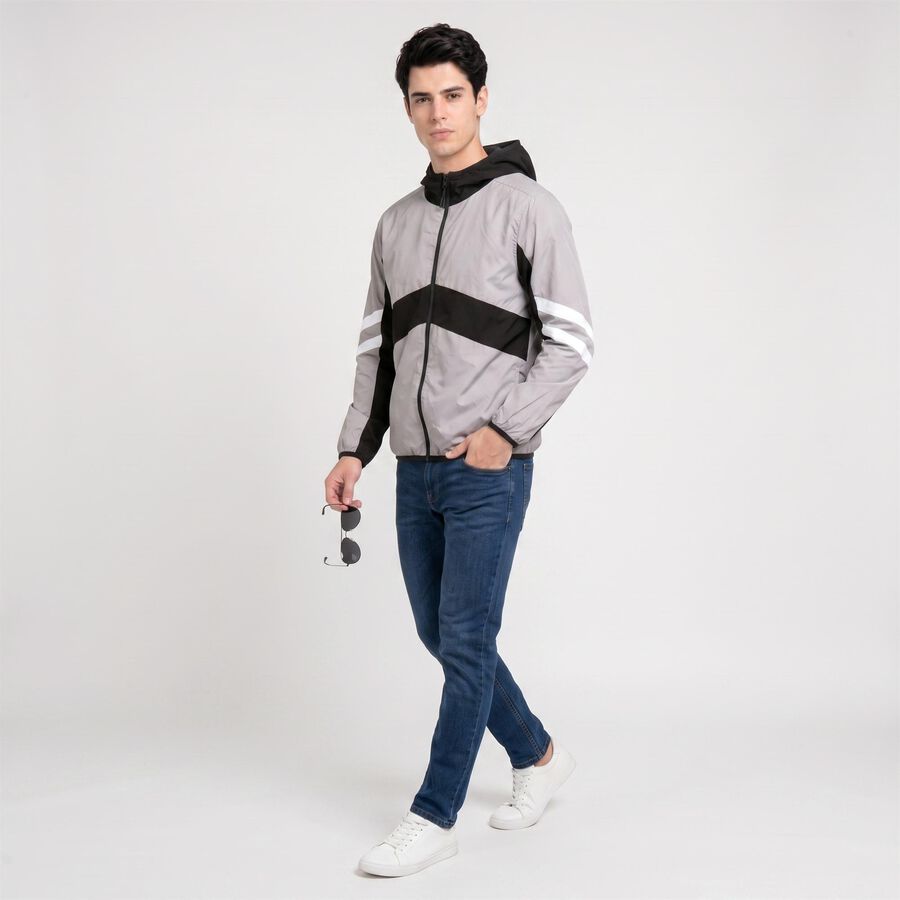 Men's Grey Hooded Windbreaker Jacket, हल्का ग्रे, large