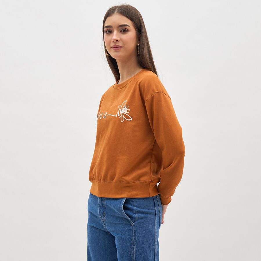 Women's Rust Orange Crew Neck Casual Sweatshirt, मस्टर्ड, large image number null