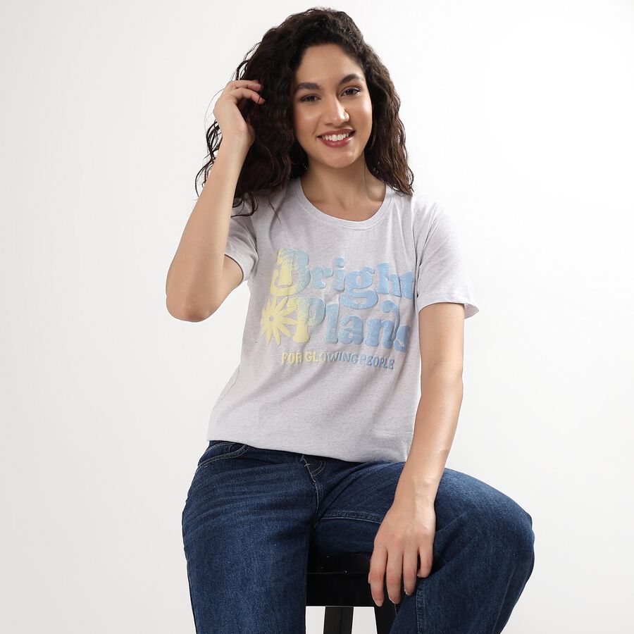 Ladies' 100% Cotton Round Neck T-Shirt , Melange Mid Grey, large image number null