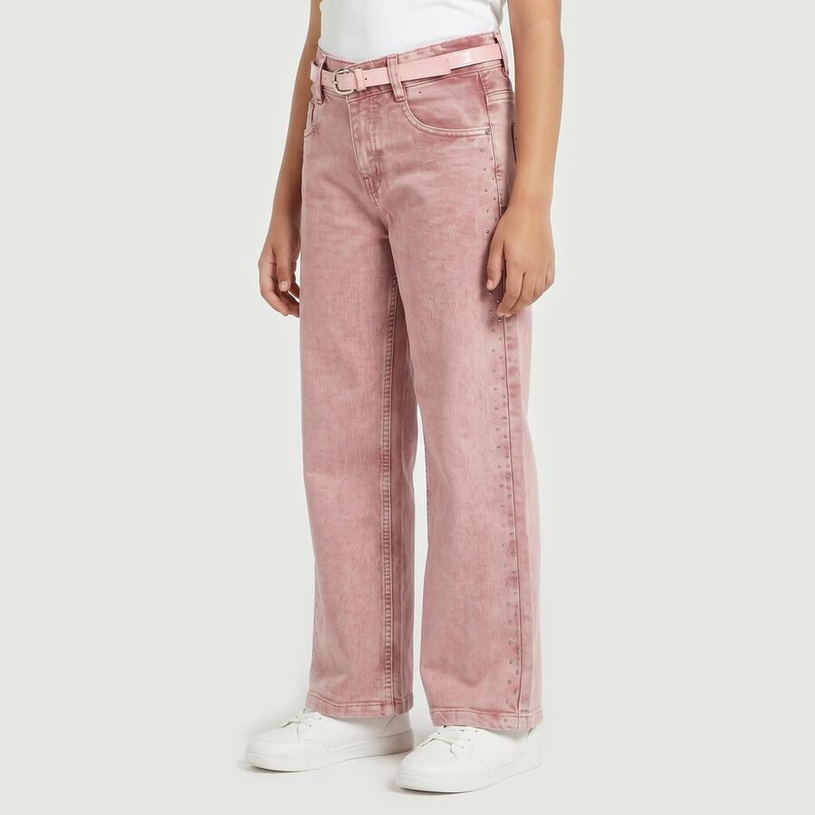 Girls Pink Wide Leg Studded Jeans, Light Pink, large
