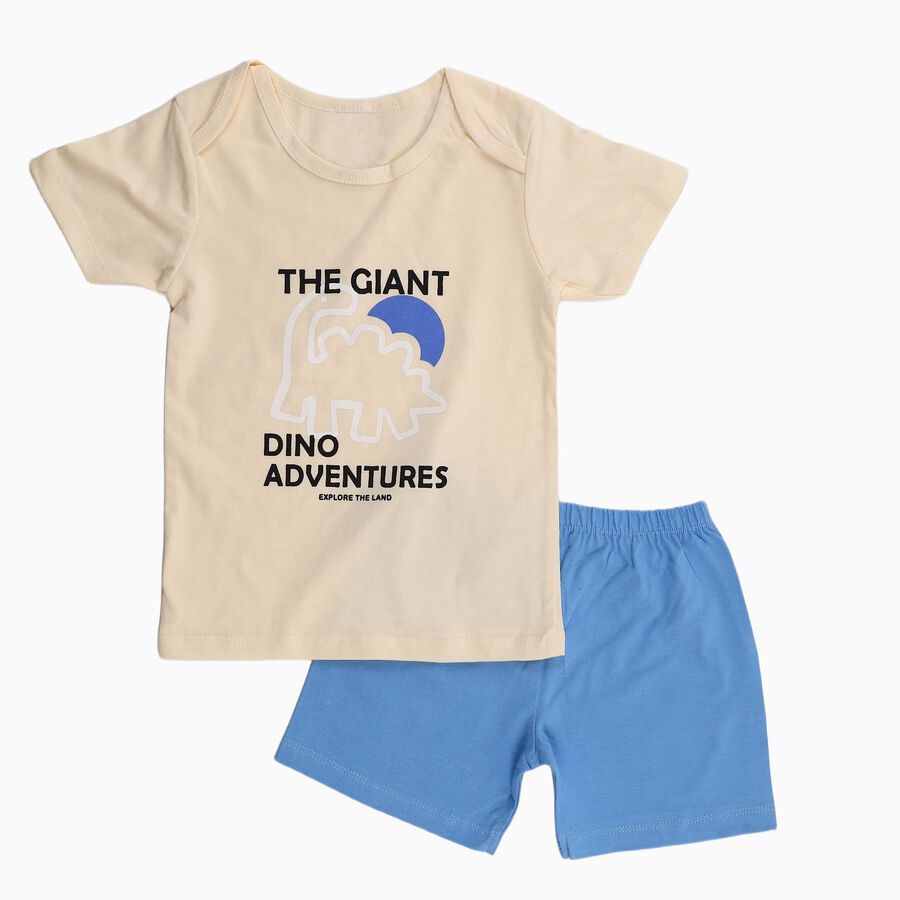 Infants' Beige Cotton Round Neck Graphic Baba Suit, मध्यम नीला, large image number null