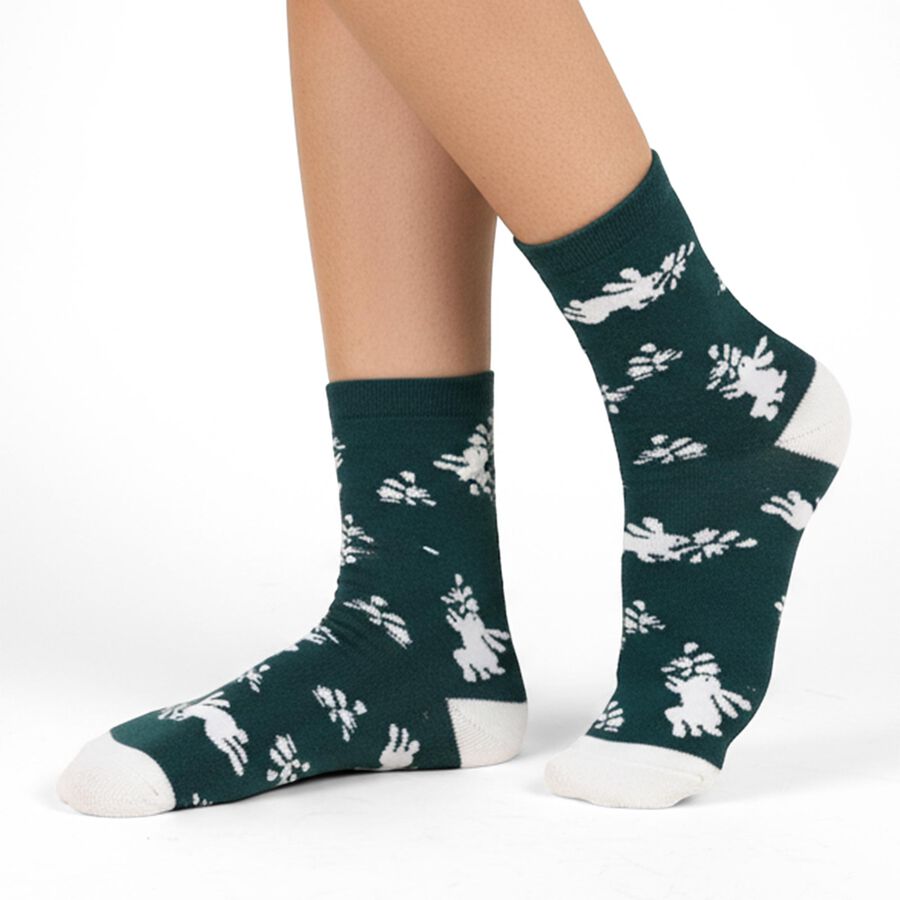 Women's Dark Green Regular Fit Rabbit Motif Ankle-Length Socks, गहरा हरा, large