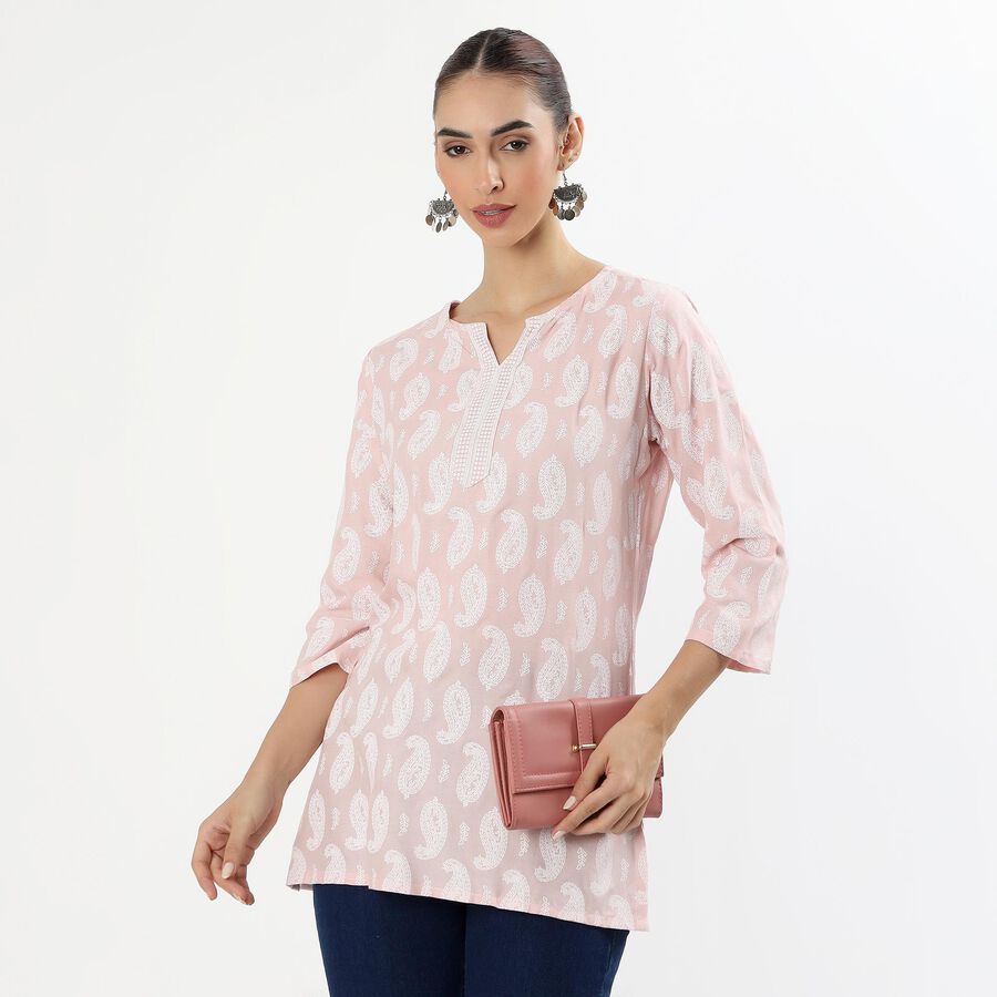 Women's Light Dusty Pink Notch Neck Paisley Printed Kurti, Light Pink, large