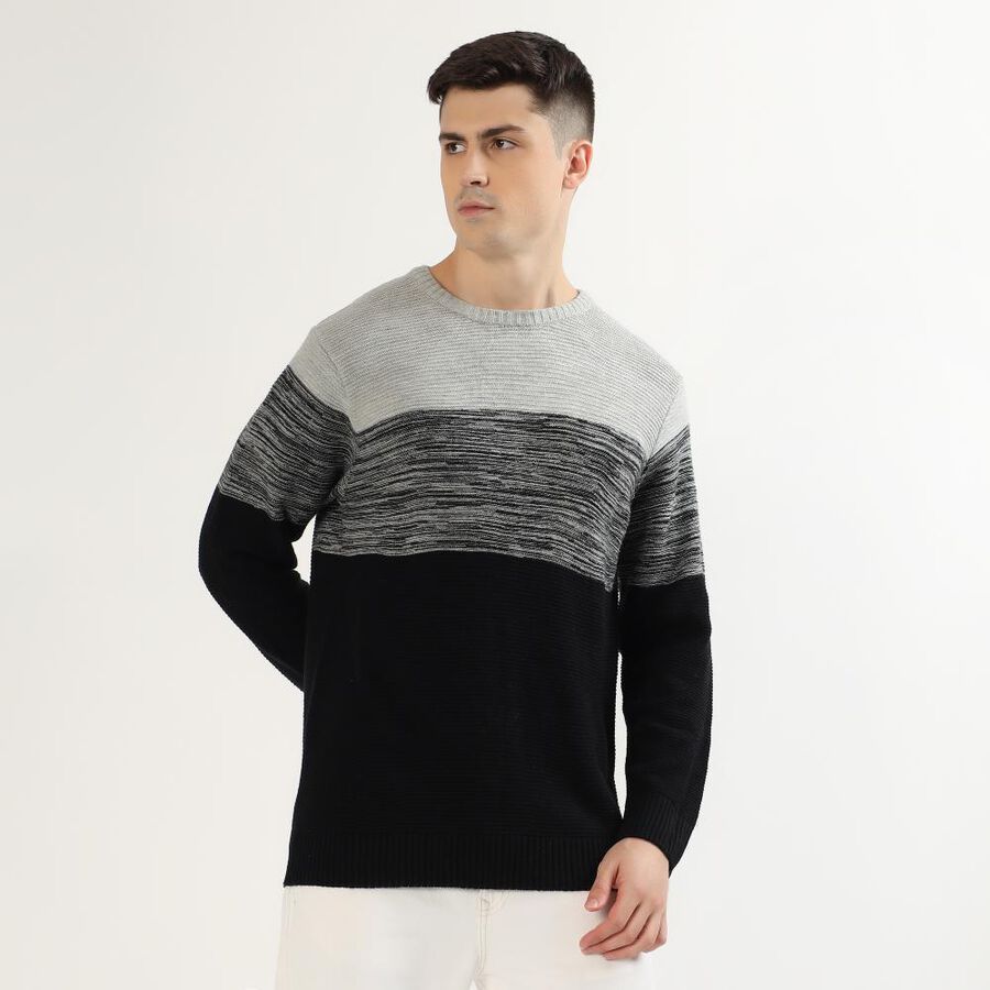 Men's Light Grey and Black Crew Neck Casual Pullover, Light Grey, large image number null