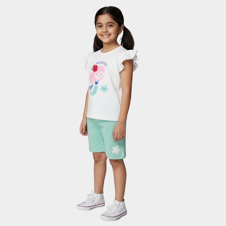 Girls' White and Mint Cotton Crew Neck Mermaid Print T-Shirt and Shorts Set, White, large