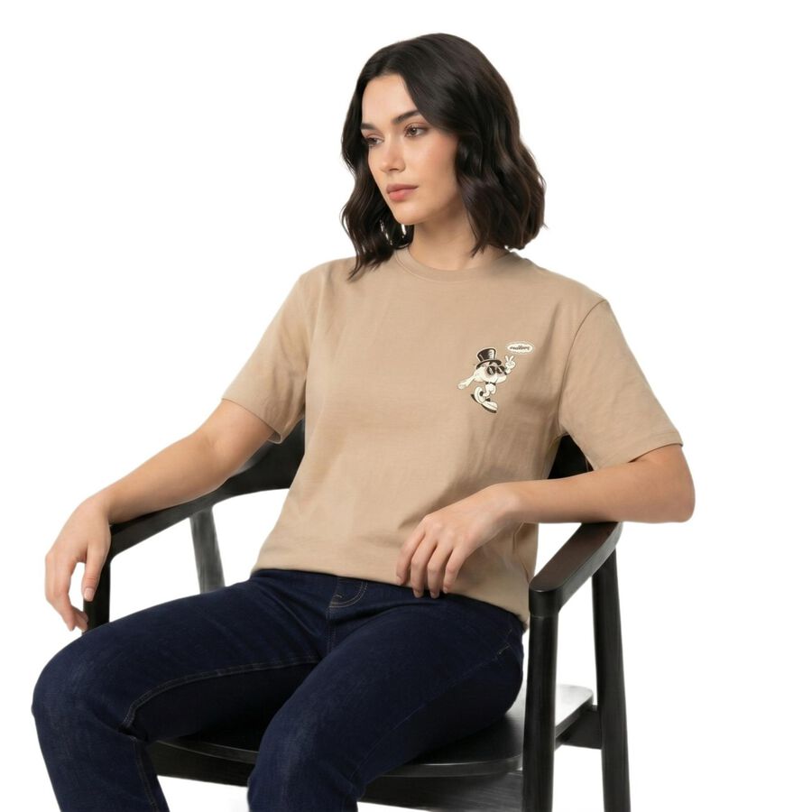 Women's Beige Cotton Round Neck Regular T-Shirt, गहरा पीला, large