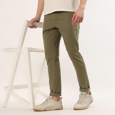 Men's Green Slim Fit Flat-Front Casual Trousers