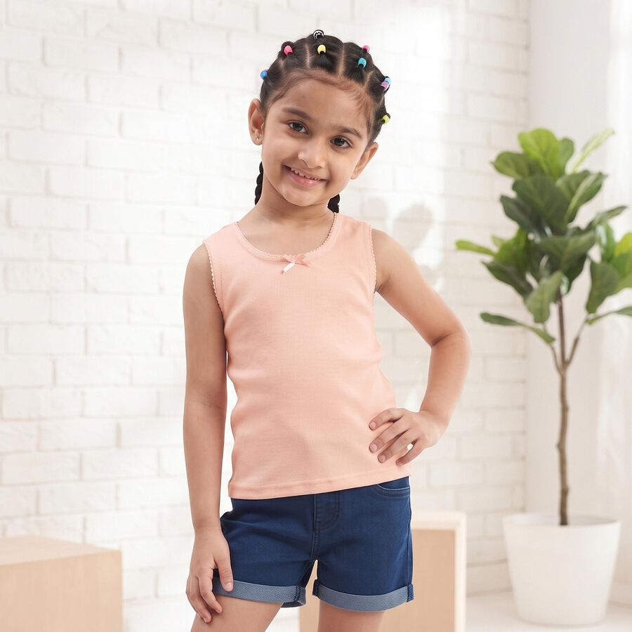 Girls Peach Cotton Sleeveless Vest, Peach, large