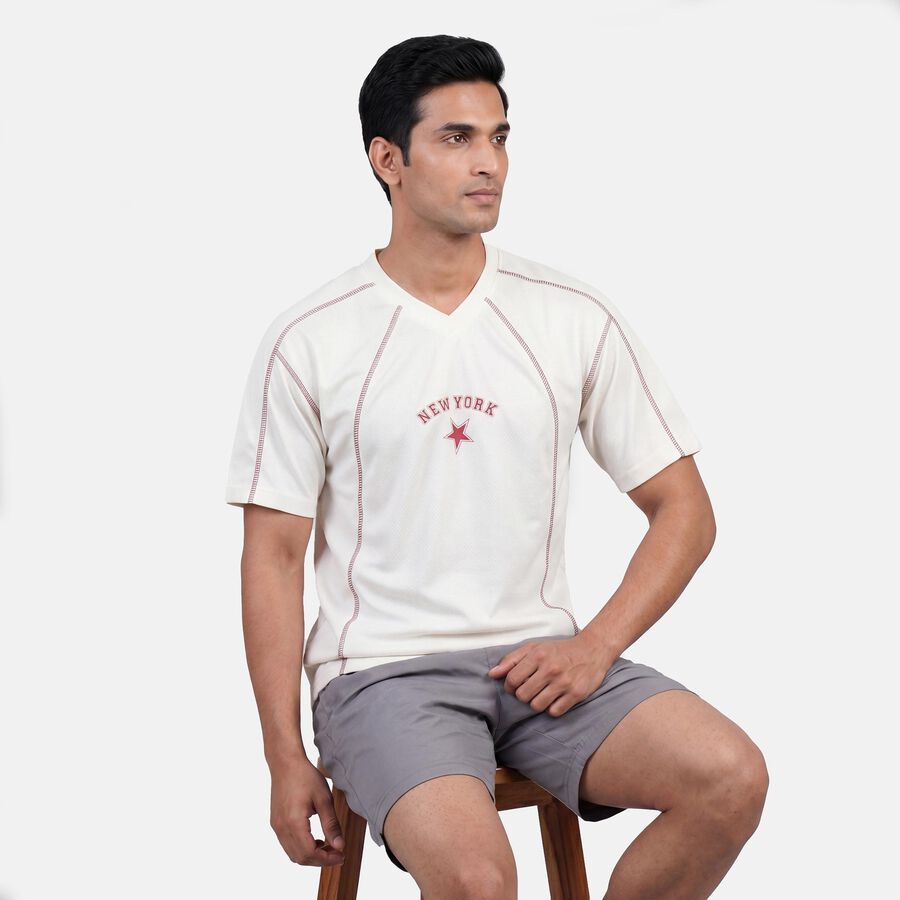 Men's White Round Neck Athleisure T-Shirt, ऑफ व्हाइट, large