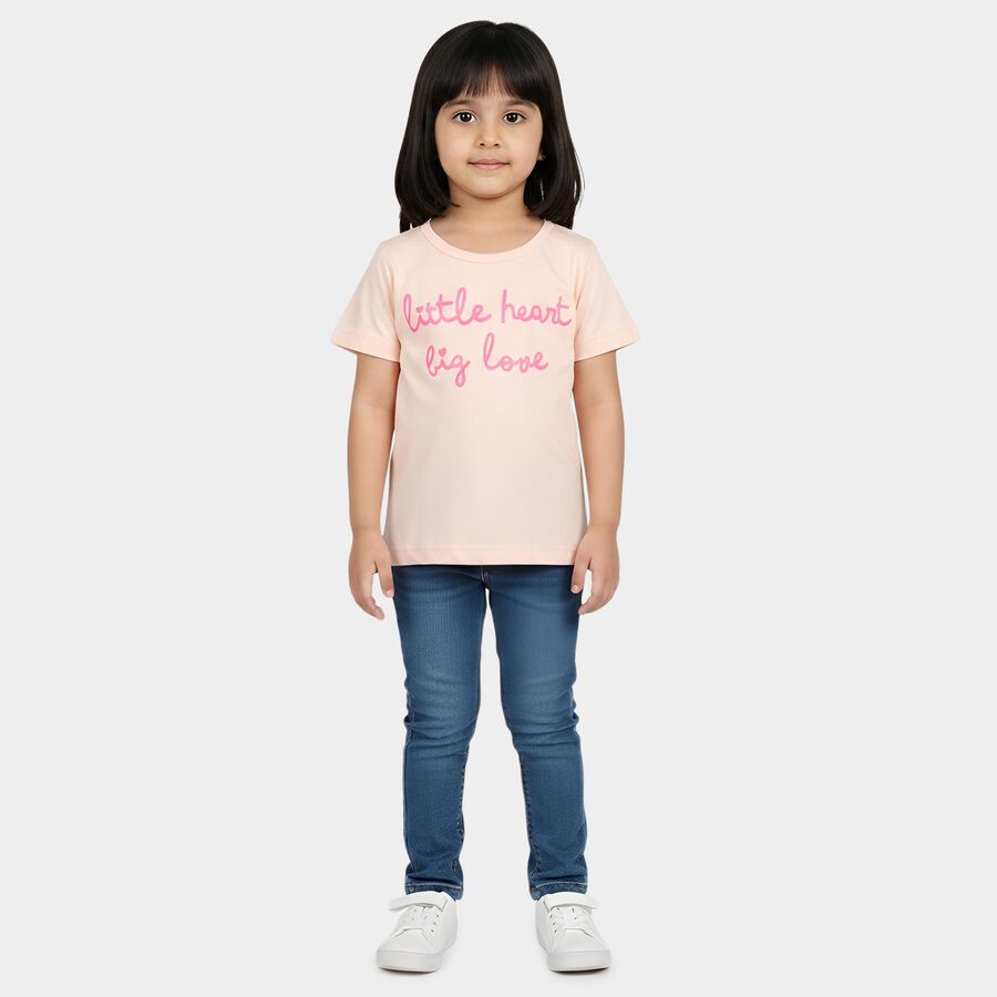 Girls Light Pink Round Neck Regular T-Shirt, Light Pink, large