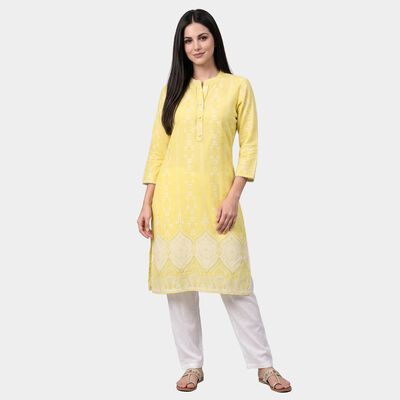 Women's Yellow Mandarin Collar Printed Kurta