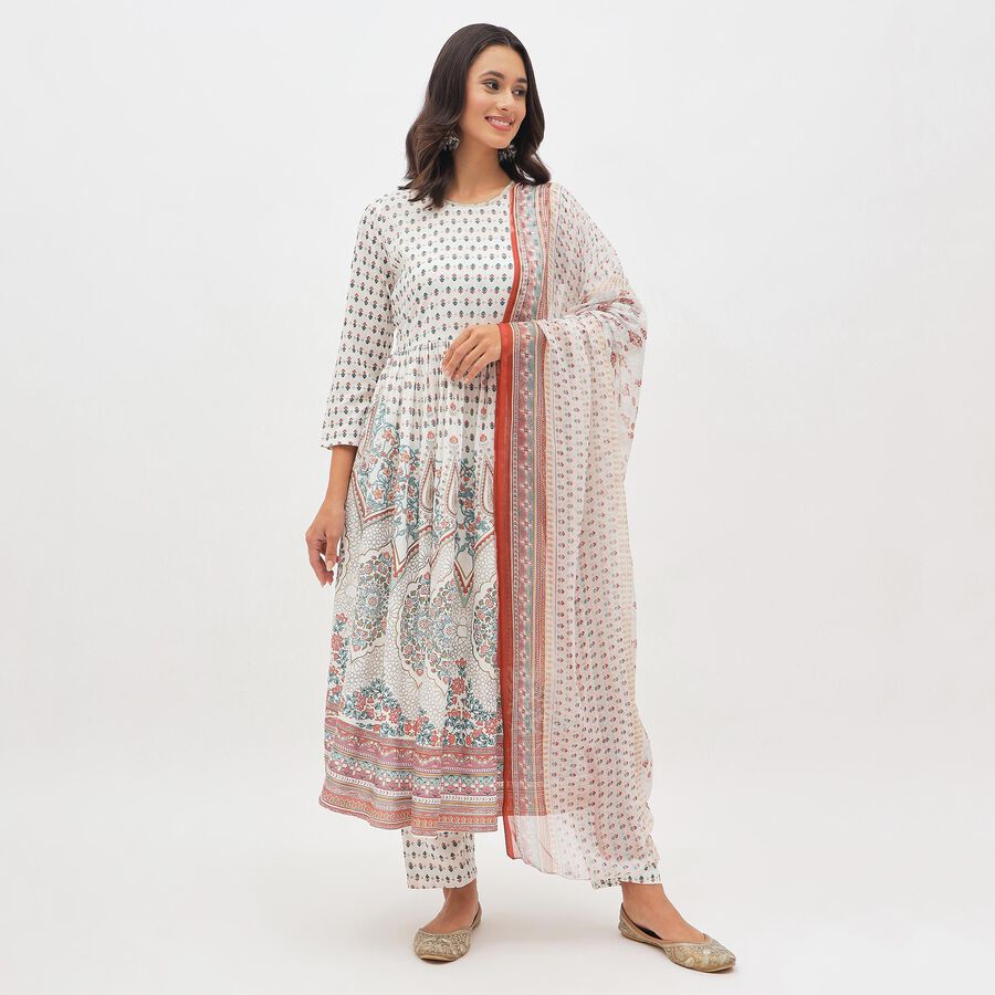Women's Soft Ivory White Floral Printed Ethnic Set, Light Blue, large image number null