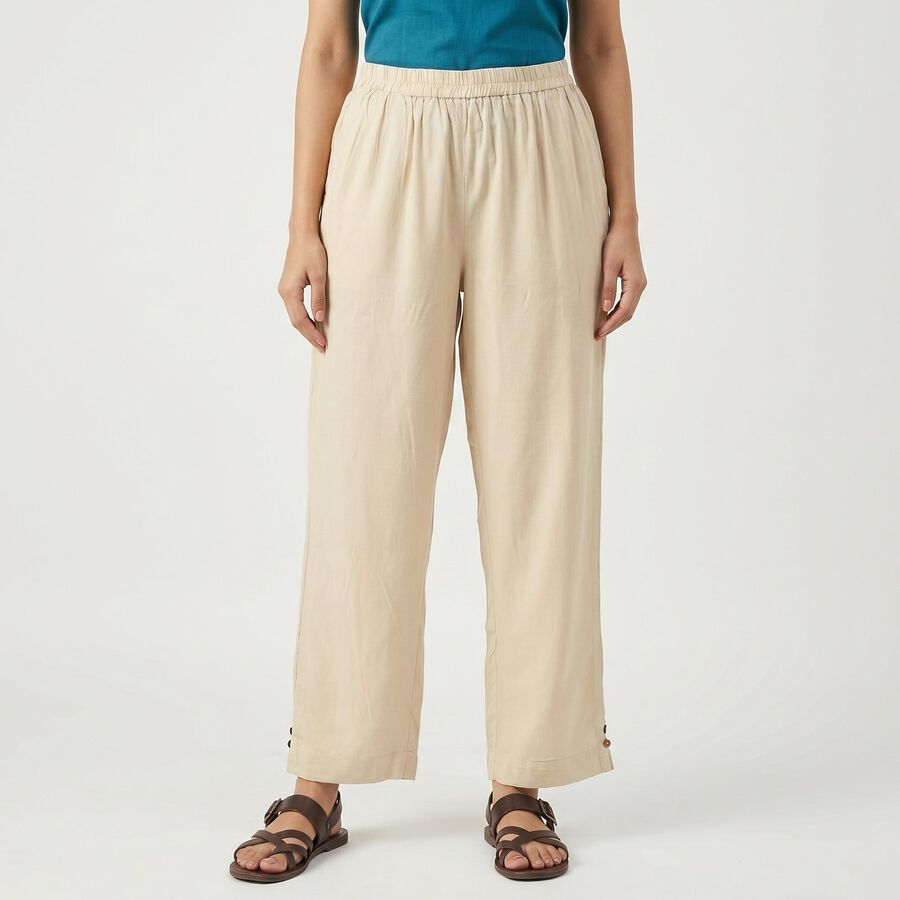 Women's Beige Wide-Leg Solid Palazzos, गहरा पीला, large