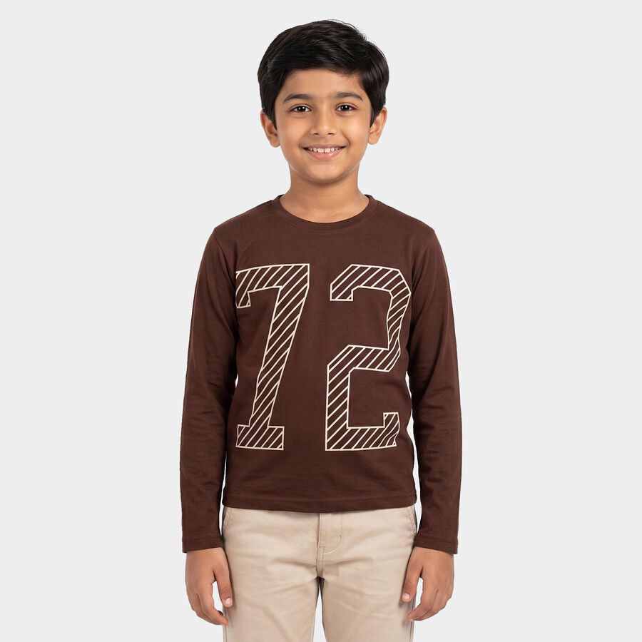 Boys Brown Crew Neck Regular T-Shirt, भूरा, large