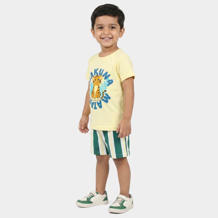 Boys Yellow 100% Cotton Round Neck Graphic Print Baba Suit, Yellow, large