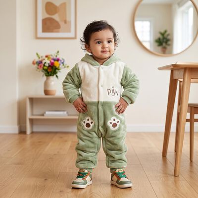 Infants' Olive Green Hooded Embroidered Baba Suit
