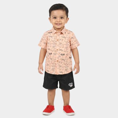 Infants' Peach 100% Cotton Collar Neck Printed Baba Suit