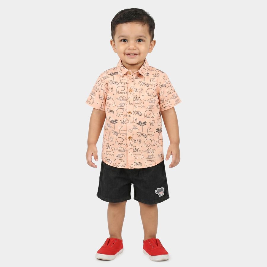 Infants' Peach 100% Cotton Collar Neck Printed Baba Suit, Peach, large