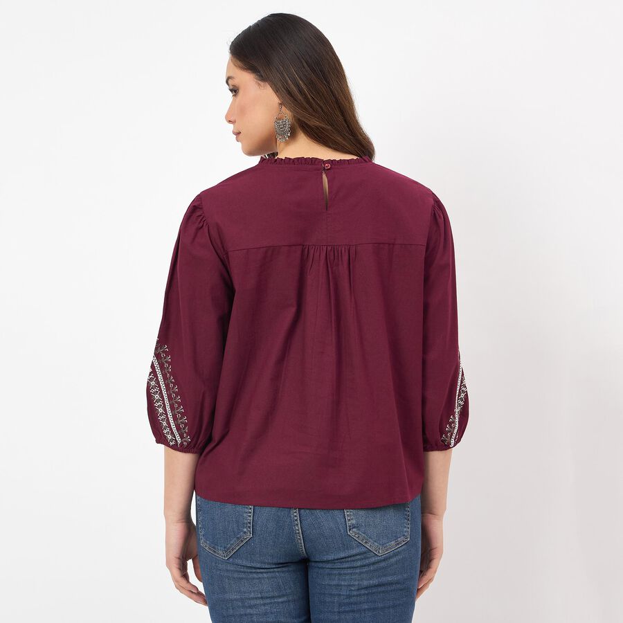 Women's Wine Cotton Round Neck Side Tie-Up Top, Wine, large