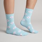 Women's Light Blue Regular Fit Floral Crew Socks, Mid Blue, small