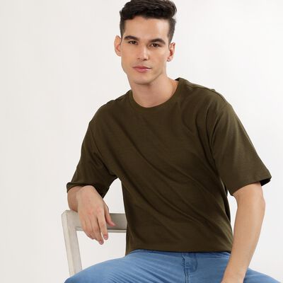 Men's Muted Olive Green Round Neck Casual T-Shirt