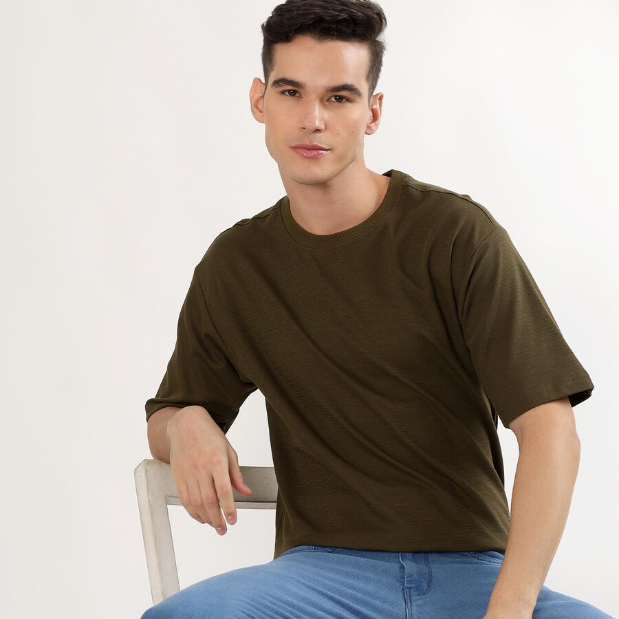 Men's Muted Olive Green Round Neck Casual T-Shirt, Olive, large image number null