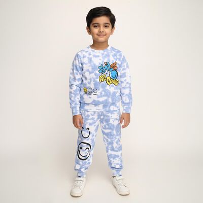 Boys' Light Blue Round Neck Cartoon Printed Baba Suit