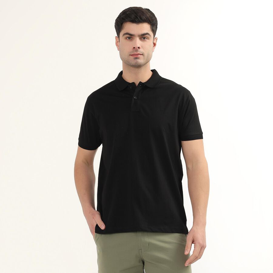 Men's Jet Black Cotton Polo Neck Solid T-Shirt, काला, large