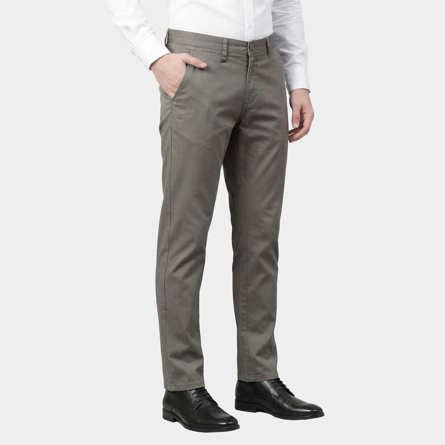Men's Light Grey Slim Fit Flat-Front Casual Trousers, Light Grey, large