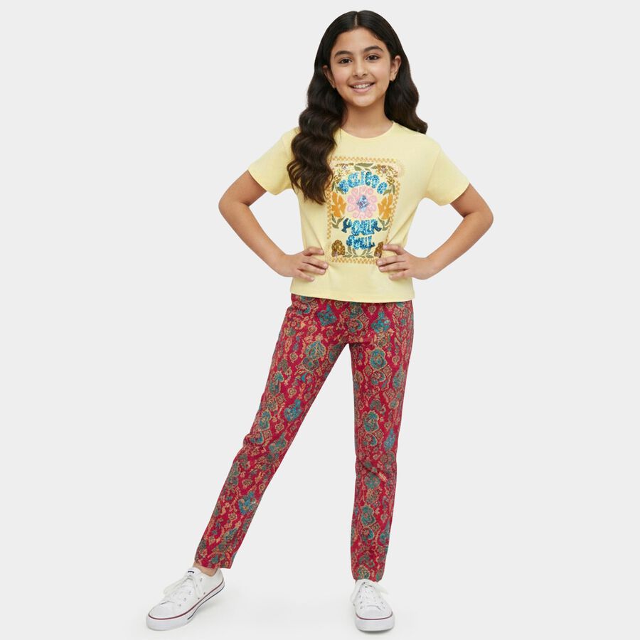 Girls' Yellow Cotton Round Neck Graphic Printed T-Shirt, पीला, large