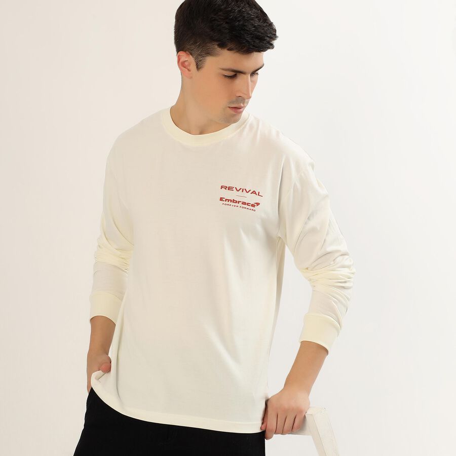 Men's Soft Eggshell White Crew Neck Casual Full Sleeve T-Shirt, ऑफ व्हाइट, large image number null